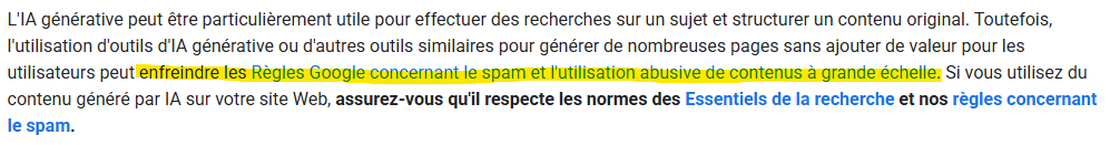 Exrtait des règles de Google sur l'utilisation de l'IA